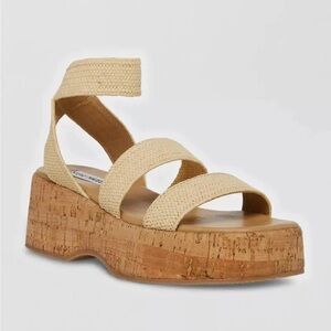NWT Steve Madden Sashes Nude Beige Raffia Wide Strap Platform Sandals, Size 7 M
